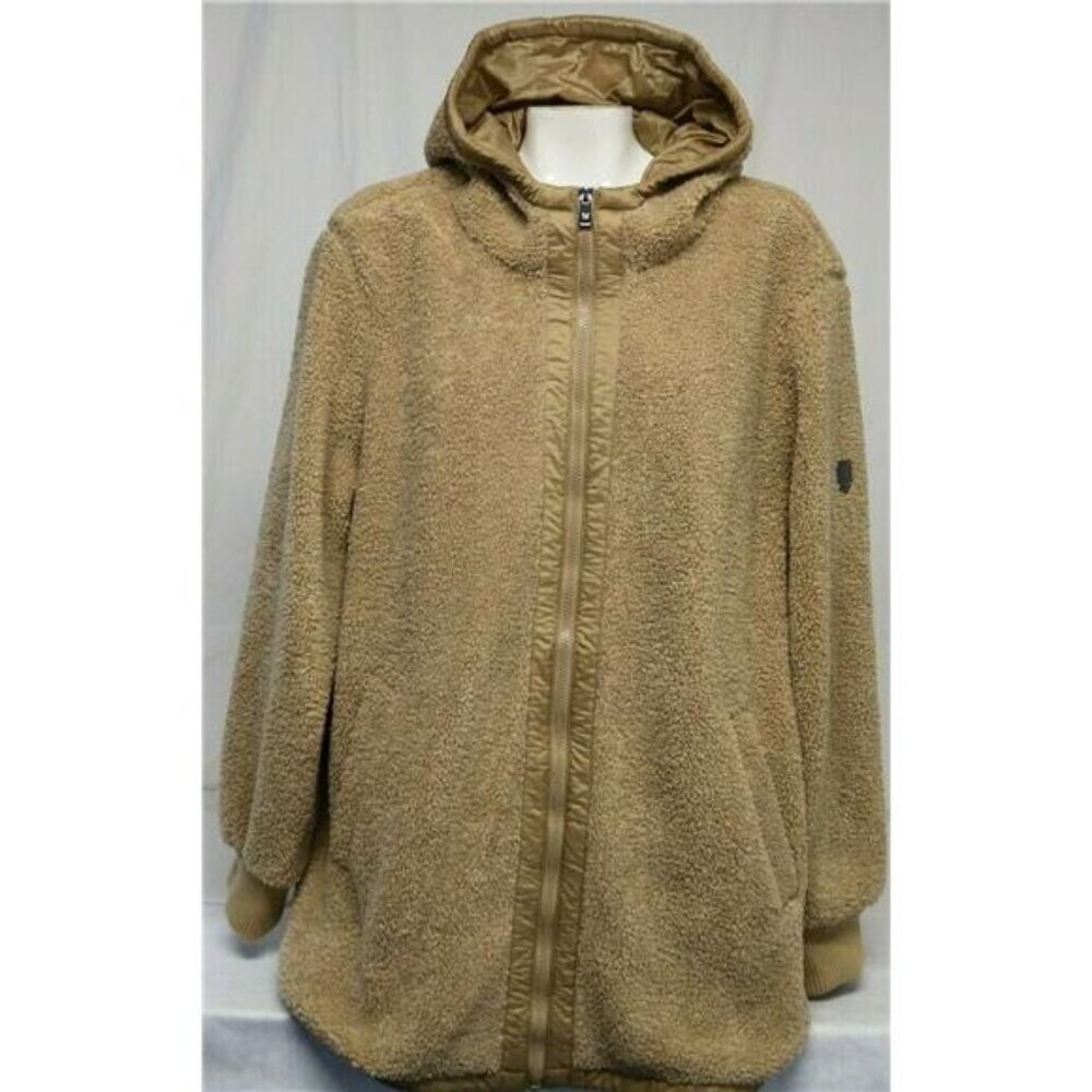 1 Madison Womens Soft Lining Attached Hood Fuzzy Jacket (Latte/Khaki, Large)